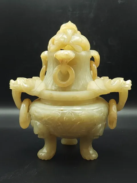 19th C Chinese Hand Carved Pale Green Celadon Jade Censer with Lid