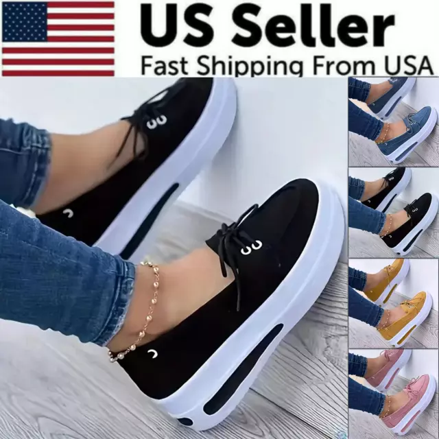 Women Block Shoes Slip On Closed Toe Platform Flat Wedge Casual Lace Up Sneakers