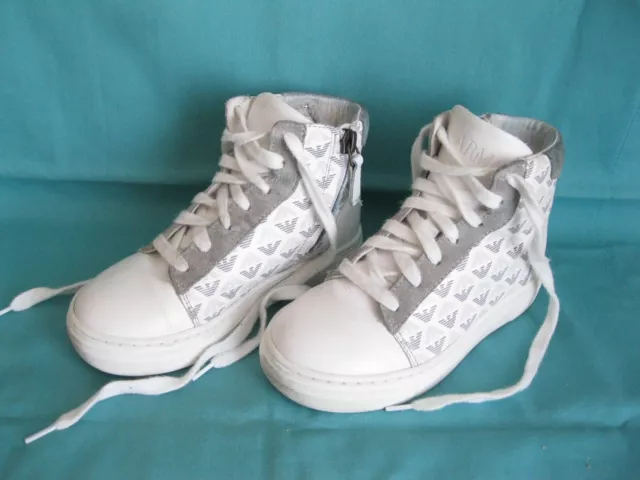 kids Armani Junior Hi-Top Trainers, size 11 UK, white sneakers, side zip, laces