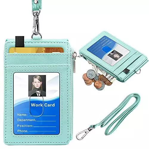 Leather ID Badge Card Holder Wallet with 5 Card Slots Zipper and Lanyard