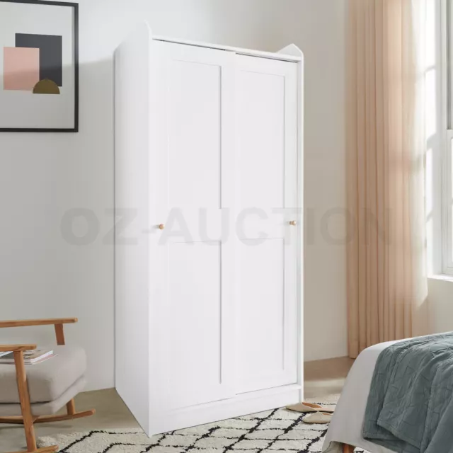 White Wardrobe Cupboard Garment Clothes 2 Sliding Door Tall Storage Cabinet