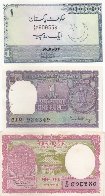 India, Pakistan, Nepal, Set of 3 One Rupees Old Issue Banknote, UNC