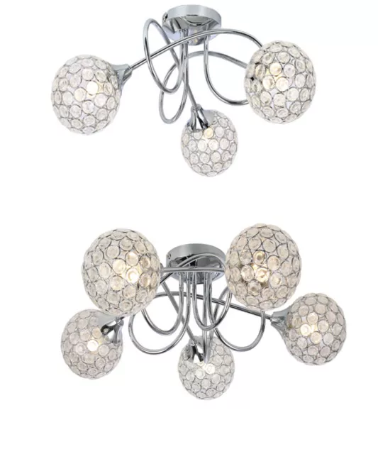 Modern Ceiling Light Fitting 3 / 5 Way Semi Flush Polished Chrome Jewel Shades