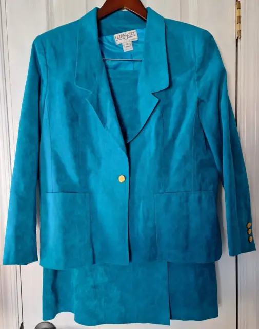 Women's Size 12 Skirt Blazer Suit Vintage USA Made Teal Ultra Suede Y2K Lined