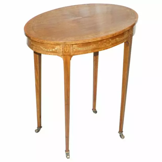 Stunning Floral Inlaid Sheraton Victorian Walnut Oval Occasional Side End Table