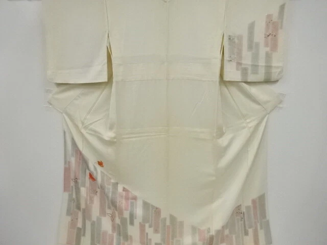 41662# Japanese Kimono / Antique Hitoe Kimono / Embroidery / Butterfly & Tan