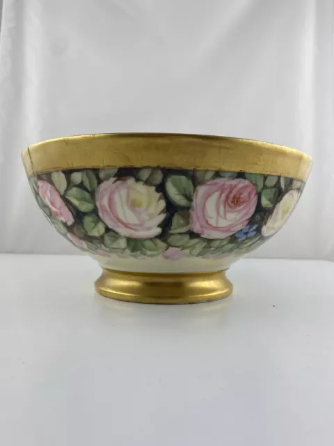 Beautiful Large 10" Antique Hand Painted Floral Footed Bowl