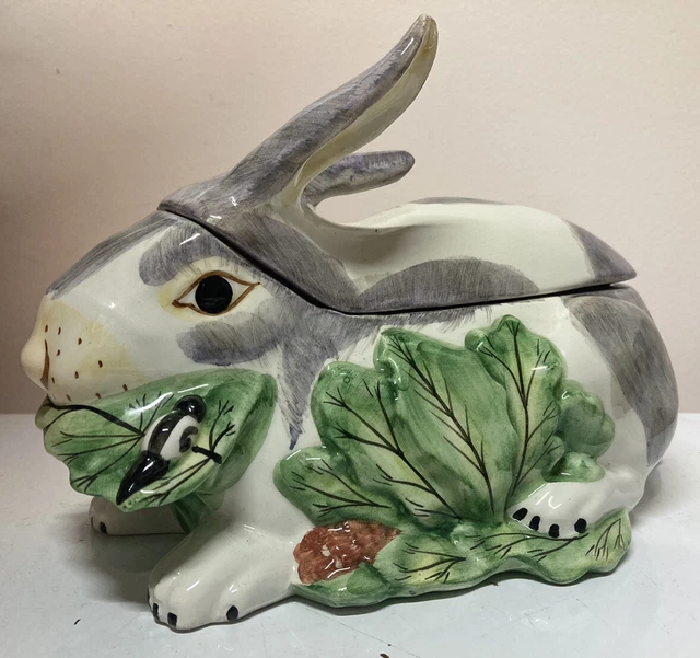 Vintage Mottahedeh Majolica Rabbit Bunny Covered Dish Bowl Centerpiece 27 ITALY