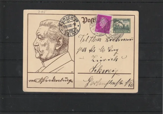 Dt. Reich Ganzsache Karte P215 + ZuF Camberg nach Zürich/Schweiz, 1932 #1103658