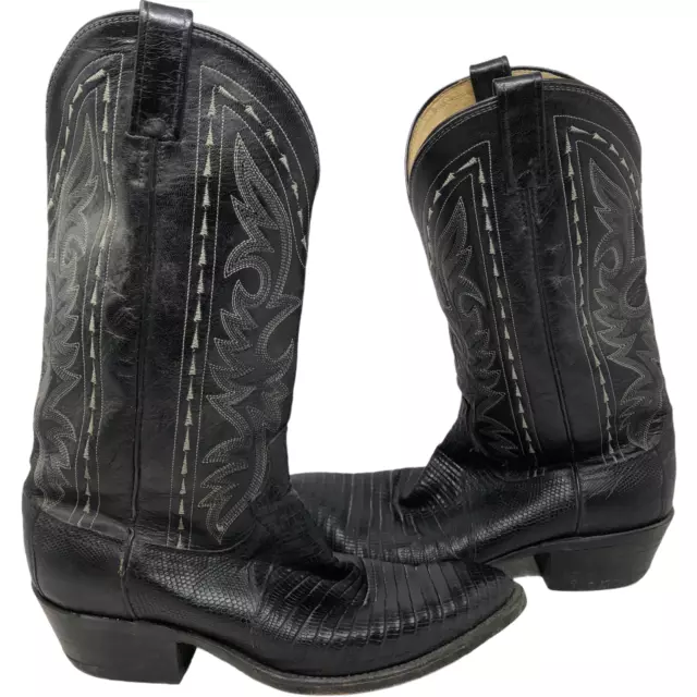 VTG Dan Post Mens Black Leather Lizard Snakeskin Cowboy Boots Sz 8 EW USA Made