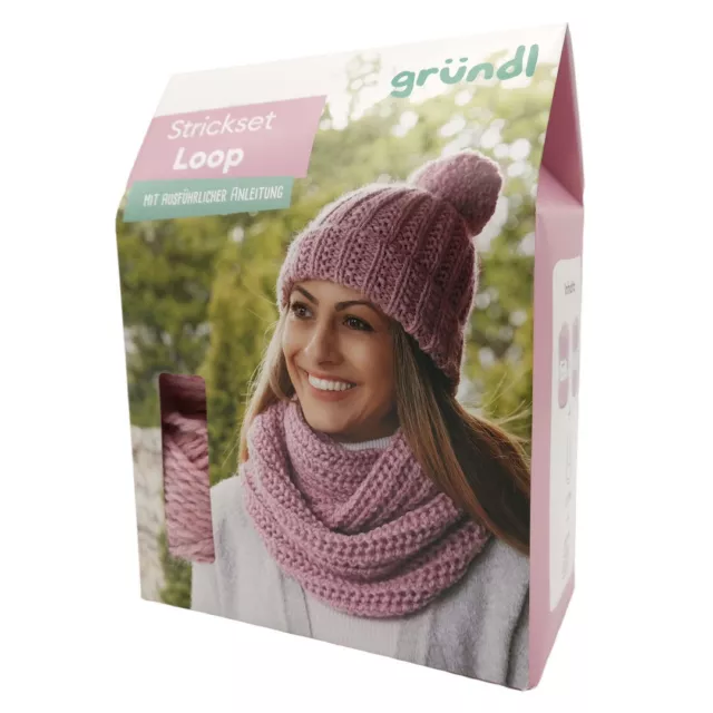 Strickset Loop rosa DIY mit Anleitung + 2x Wolle + Rundstricknadeln, Bastelset