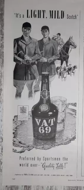 1954 Vat 69 Vintage Print Ad Scotch Whiskey Light Mild Foxhunt Horse Hounds B&W