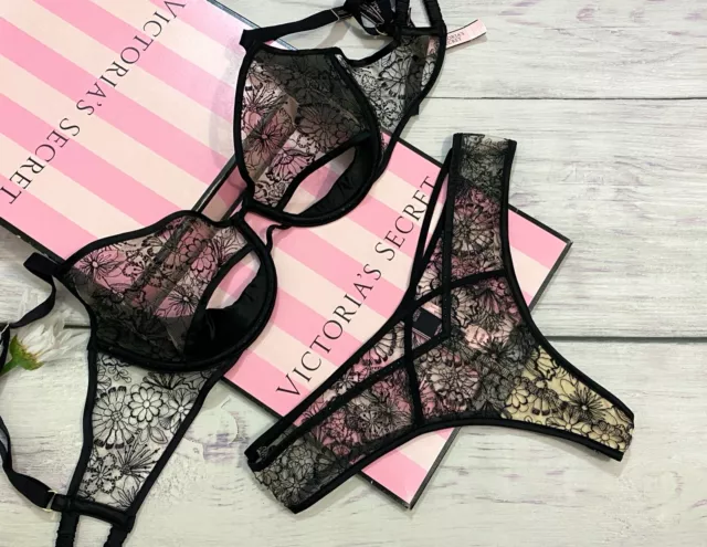LUXE VICTORIA SECRET Floral Black Embroidered Peek A-Boo Push Up Bra Cheeky  Set £53.53 - PicClick UK