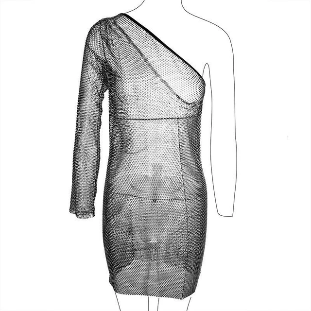 Brillantini Strass Rete Griglia Abiti Uno Spalla Cavo Push Up Pacchetto Hips