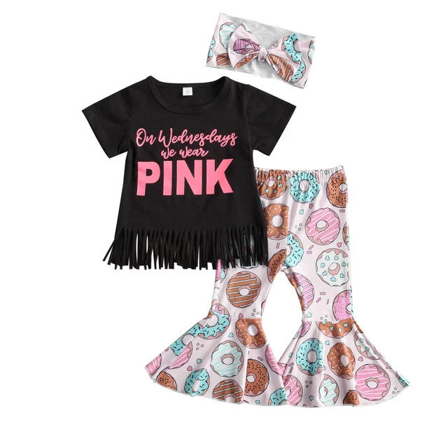 Baby Girls Short Sleeve Tassel T-shirt Tops Flared Pant Bell Bottom Headband Set