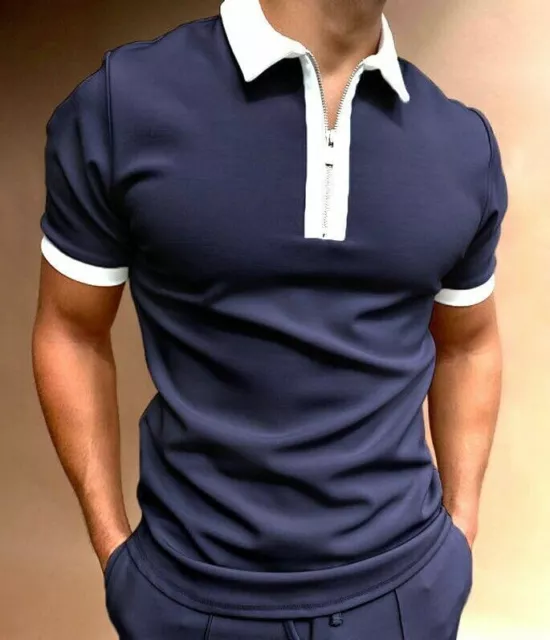 Polo Camiseta Hombre Cremallera Cuello Azul Marino Blanco Recortar Suave Vestido