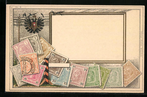 Künstler-AK Briefmarken und Wappen Österreichs, mit Schwalben auf einer Telegra