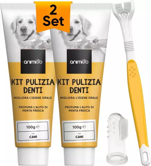 Kit Spazzolino per Cani a 3 Teste + Spazzolino Da Dito + 2 Dentifricio per Cani