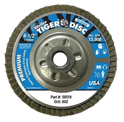 Tiger Disc Angled Style Flap Disc, 4-1/2 In, 60 Grit, 5/8 Arbor, Aluminum Back
