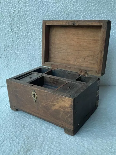 Old Vintage Handmade Brass Fitted Wooden 7 Compartment Cash Jewelry Storage Box