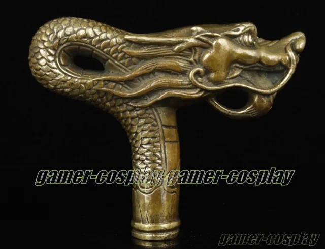 Superb China Old Handwork Bronze Dragon Statue Cane Head Walking Stick 3