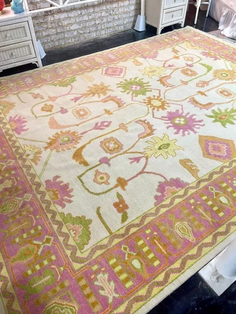 Beautiful Hand Knotted Oushak Rug Pink & Cream Turkish Wool Area Rug Living Room 3