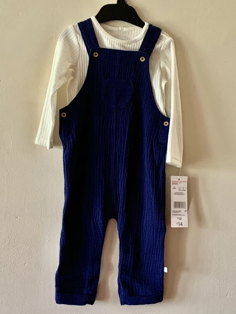 Dungarees Outfit Mrs Hinch Navy Dungarees & Cream Ribbed Bodysuit Vest 9-12 Mths