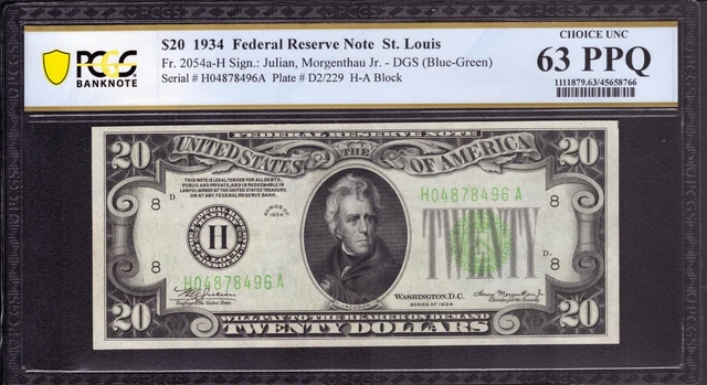 1934 $20 Federal Reserve Note St Louis Fr.2054-H Dgs Pcgs B Choice Unc Cu 63 Ppq