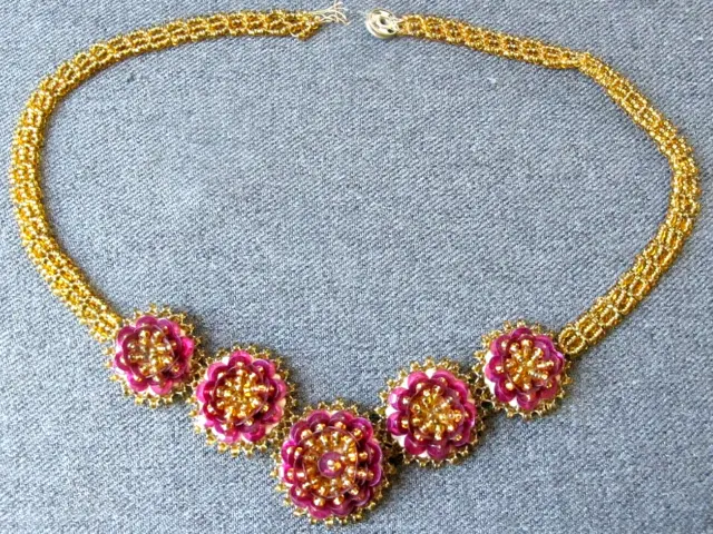Vintage native american purple sequins & golden glass flowers beaded necklace