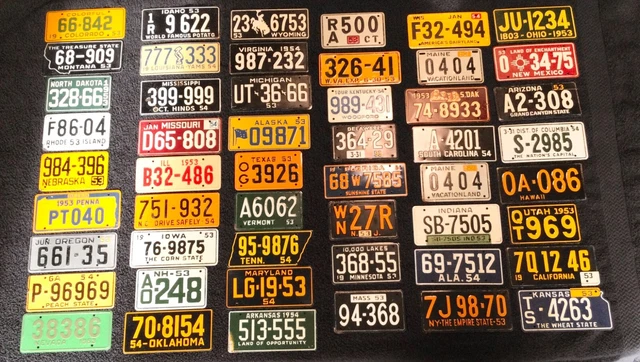 Lot of 51 original 1953 - 1954 WHEATIES MINI bike STATE LICENSE PLATES miniature