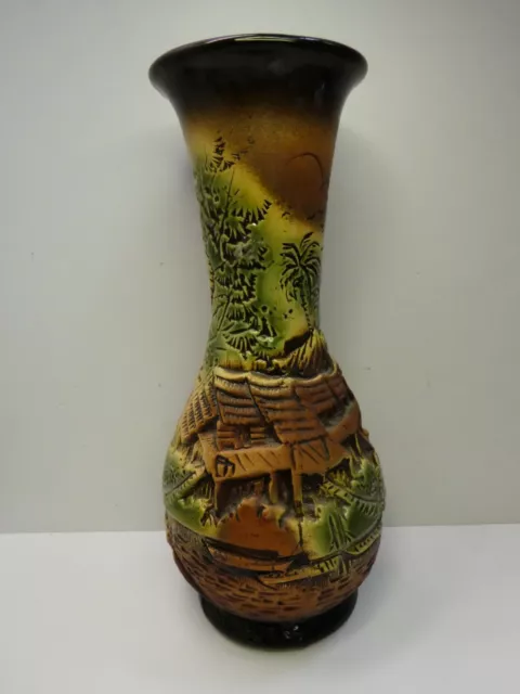 Sarawak Pottery Incised 3D Vase Village Scene