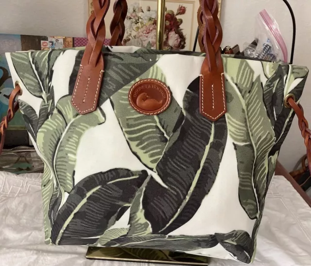 Dooney Bourke Green White Banana Palm Tropical Large Tote Italian Nylon Leather