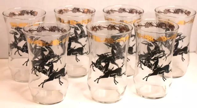 Vintage BARTLETT COLLINS Antelope MCM glass, 7pc set, 11oz, gold/black