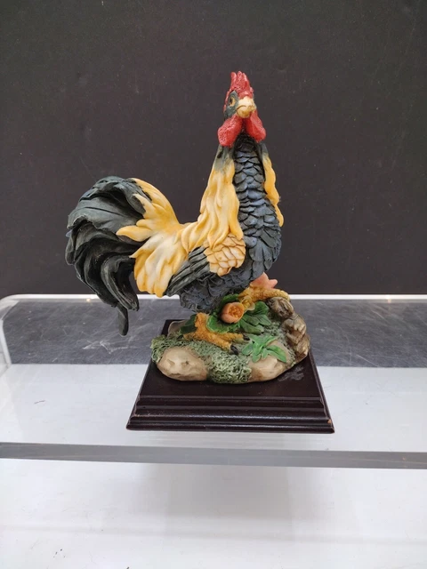 Vtg 7.5 "RESIN HAND PAINTED ROOSTER on Wood Base  BEAUTIFUL, Very Detailed!