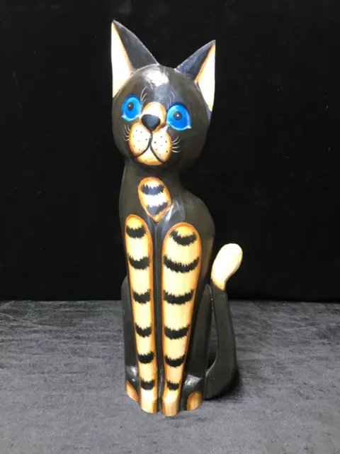 Hand carved and hand painted large wooden sitting cat