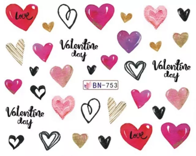 Calcomanías de agua arte en uñas pegatinas transferencias lápiz día de San Valentín amor corazones BN753