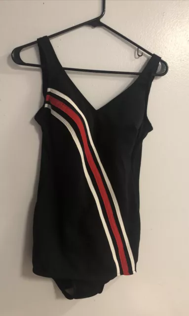 Vintage Size 12 Robby Len Swimsuit Black Red White Bathing Suit