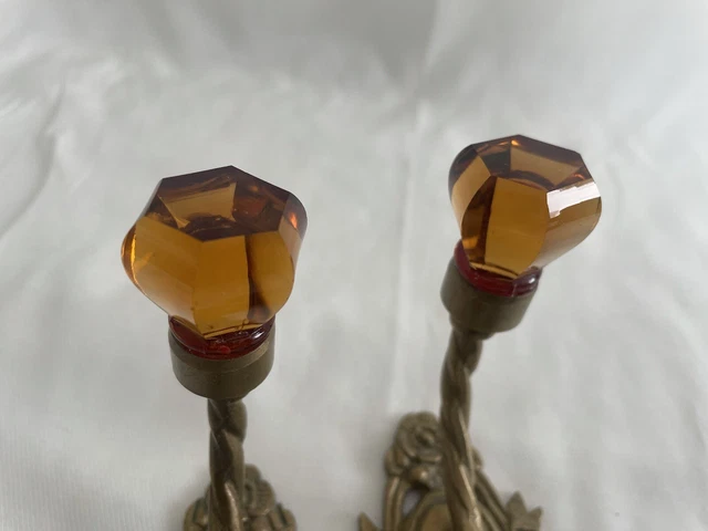 Pair 2 Antique Victorian Ornate Amber Glass Brass Hook Coat Hanger Wall Hardware 21
