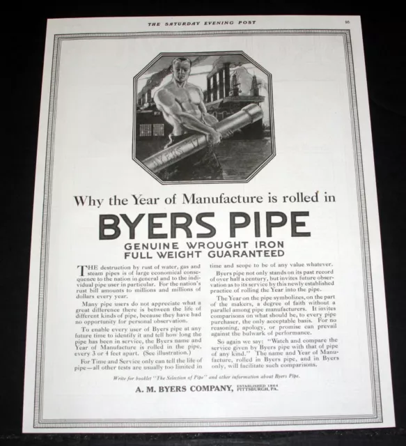 1917 Old Magazine Print Ad, Byers Wrought Iron Pipe, Strong Worlikg Man Art!