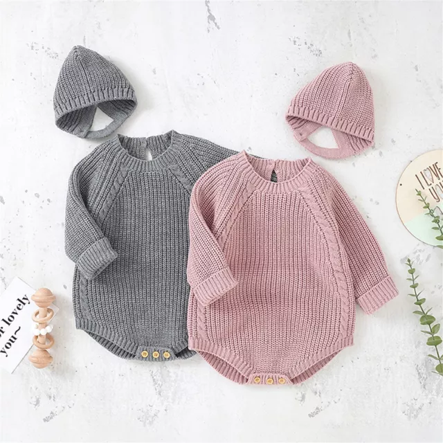 Newborn Infant Baby Solid Knit Romper Cotton Long Sleeve Boy Girl Sweater Hats