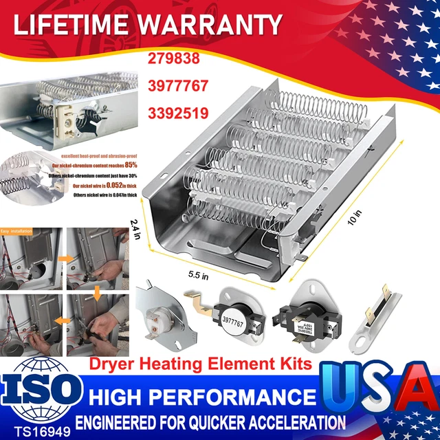 DRYER HEATING ELEMENT Thermostat For Amana Roper NED4655EW1 Whirlpool