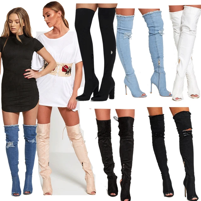 White denim 2025 thigh high boots