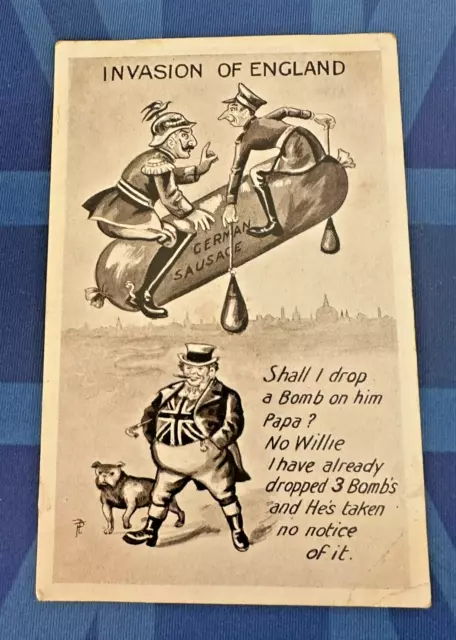 Erster Weltkrieg Militär Comic Postkarte Anti-Kaiser John Bull Britische Bulldogge Zeppelinbombe