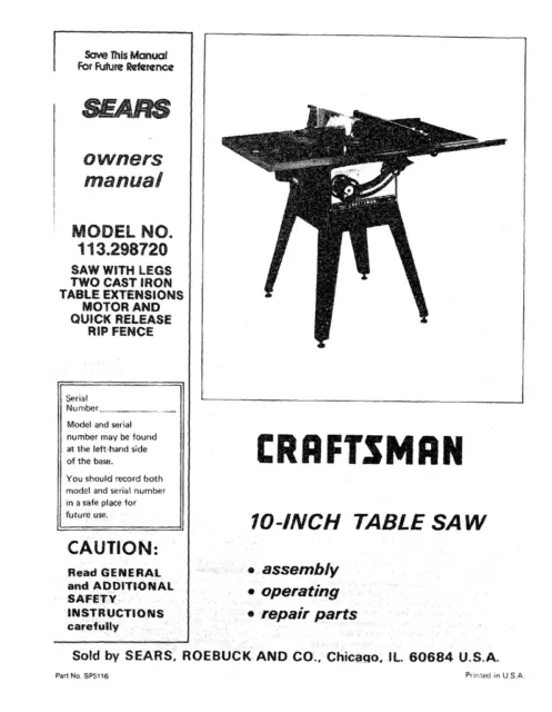 Sears Craftsman  Table Saw Manual Model # 113.298750