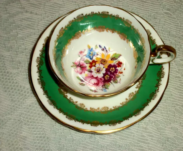 Vintage Aynsley Bone China Green & Gold Floral Tea Cup & Saucer Set