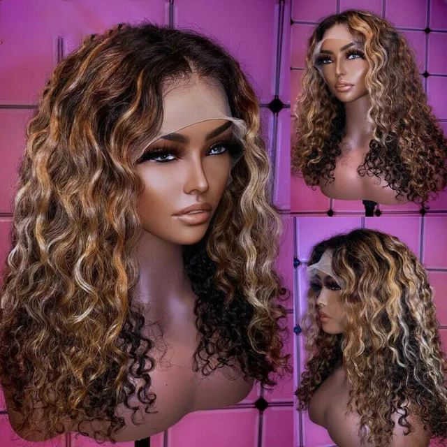 150%Density Long Brown Blonde Lace Front Wig Deep Wave Human Hair Wigs for Women