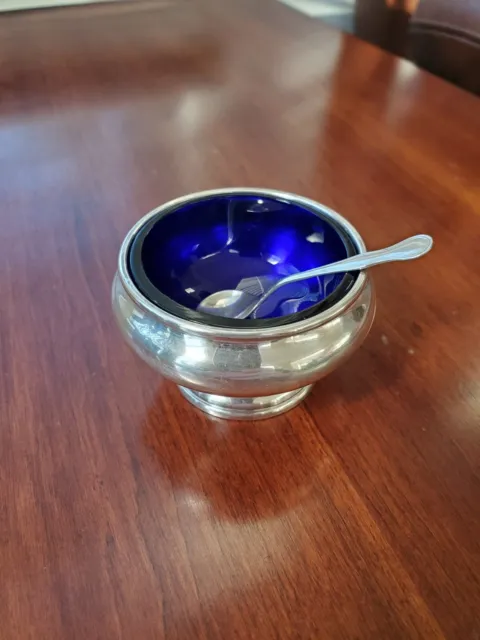 Gorham Sterling Silver Footed Salt Cellar Bowl with Salt Spoon Cobalt Blue Glass