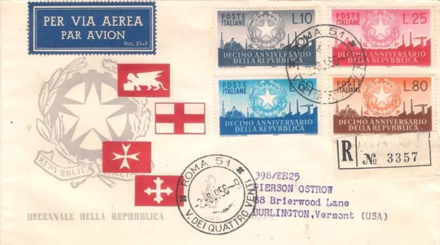 Italia FDC Venetia 1956 - X Ann. Repubblica - Raccomandata estera