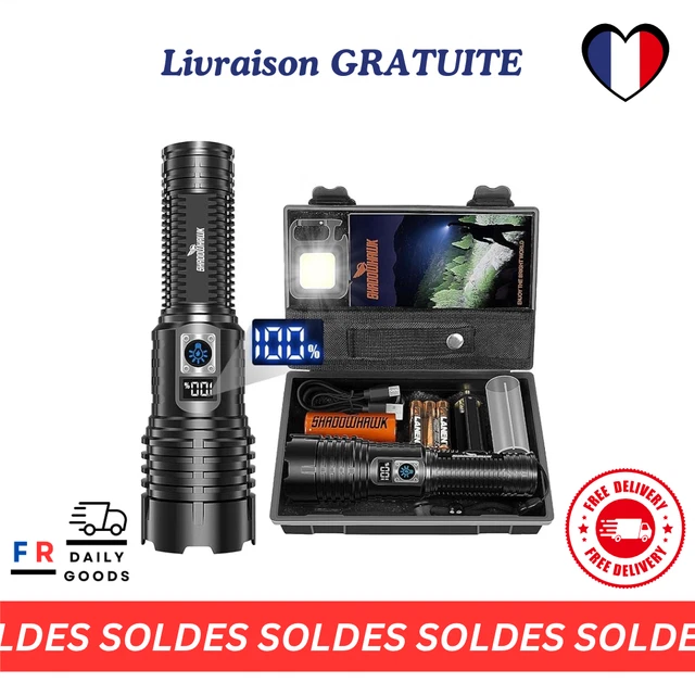 Shadowhawk Lampe Torche LED Ultra Puissante 15000 Lumens, Rechargeable Et étanche, Parfaite Pour Le Camping Et Les Urgences