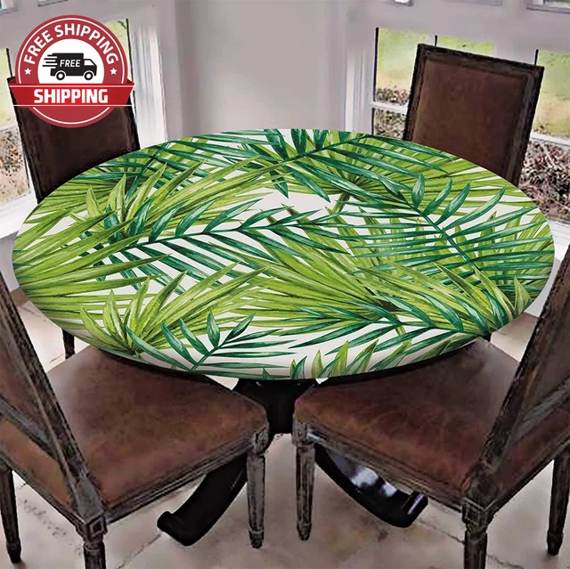 Elastic Edged Polyester Fitted Table Cover,Watercolor Tropical Palm Leaves Color
